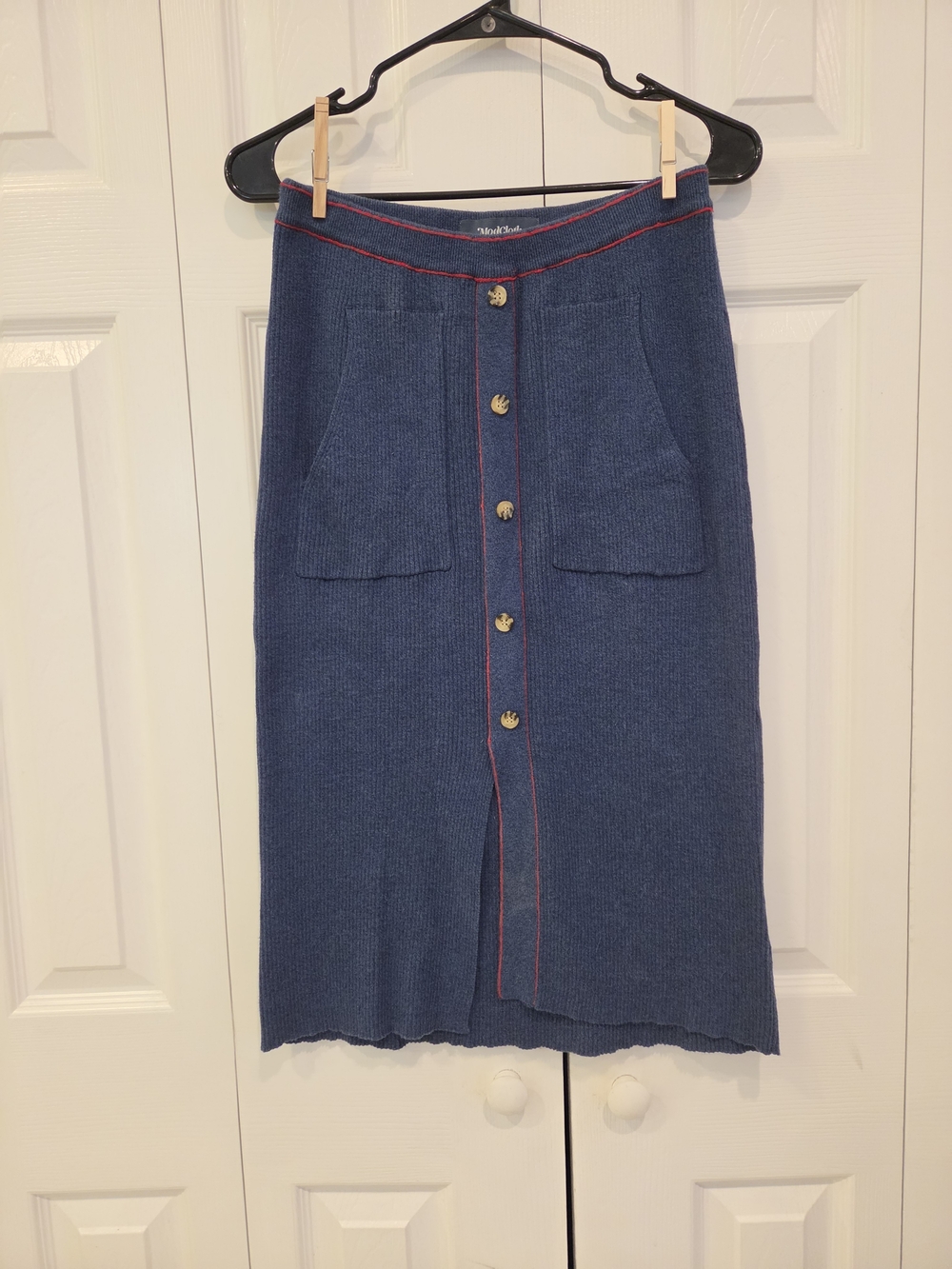 ModCloth Blue Knit Button-Front Skirt with Red Trim